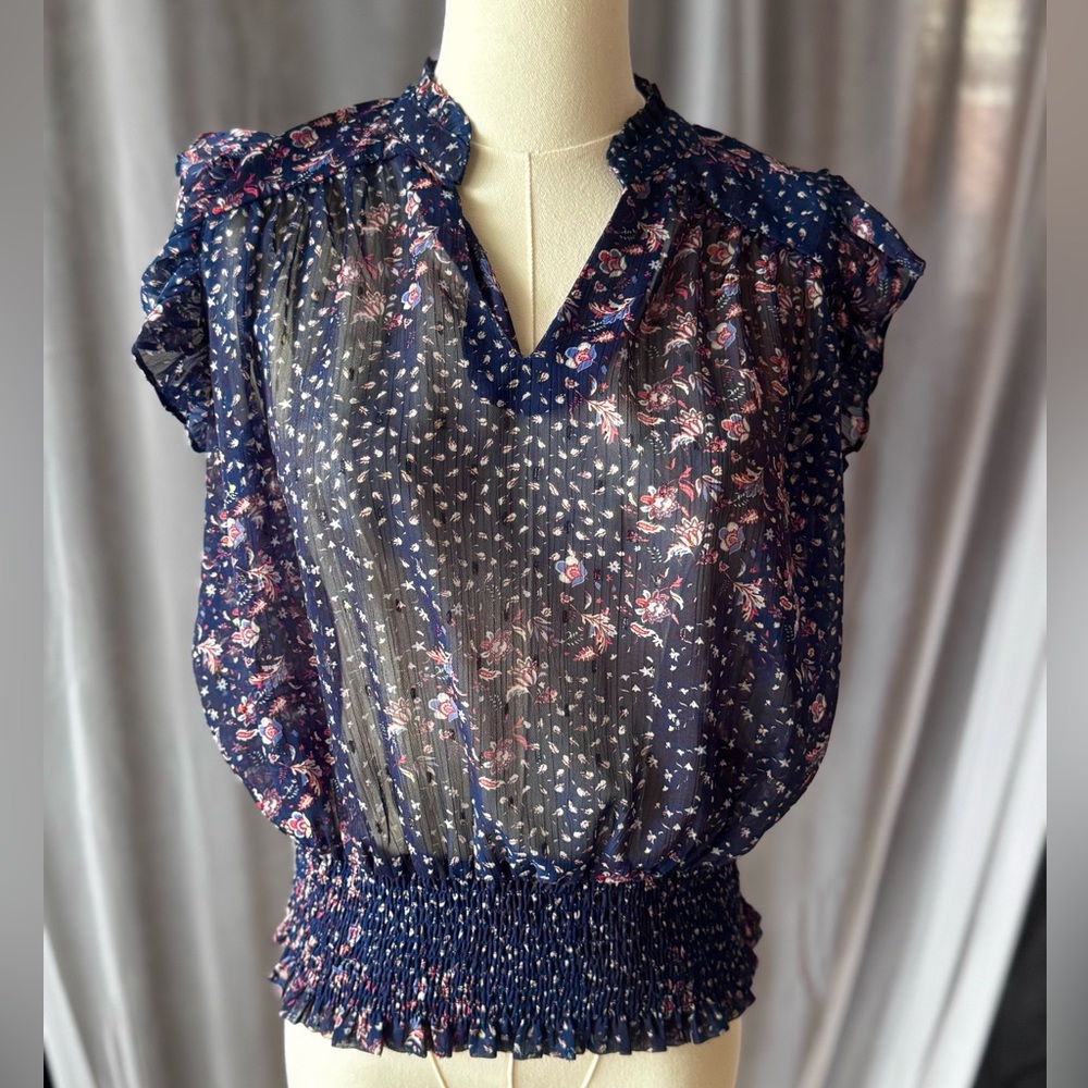 Joie Navy Floral Sheer Blouse Smocked Waist Ruffle Sleeve Size S